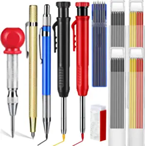 Mechanical Carpenter Pencils Set with 39 Pcs Refills, Center Punch, Carbide Scribe Tool, Solid Deep Hole Woodworking Pencils with Built in Sharpener