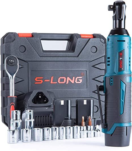 S-LONG Cordless Ratchet Wrench Set, 3/8" 400 RPM 12V Power Electric Ratchet Driver with 12 Sockets