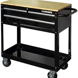 Husky 36 in. 3-Drawer Rolling Tool Cart with Wood Top, Black
