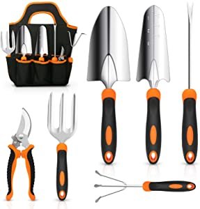 CHRYZTAL Garden Tool Set, Stainless Steel Heavy Duty Gardening Tool Set, with Non-Slip Rubber Grip, Storage Tote Bag