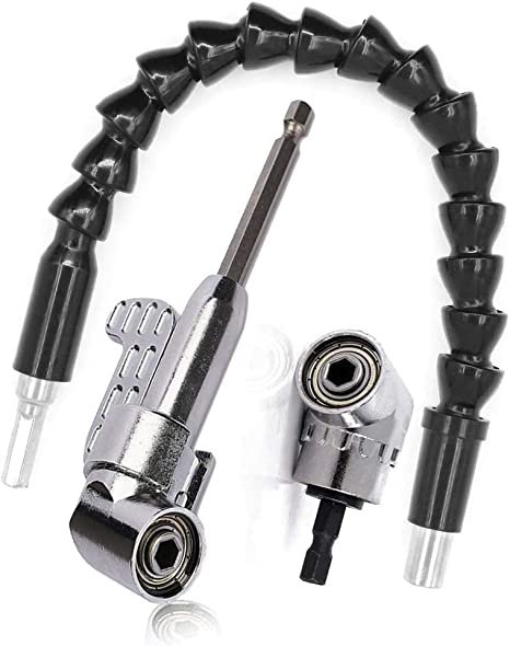 2Pcs 105 Degree 1/4"Right Angle Drill Adapter Hex Shank Screwdriver Angled Bit Holder Power Drill Tool and Flexible Angle Extension Bit Kit for Drill