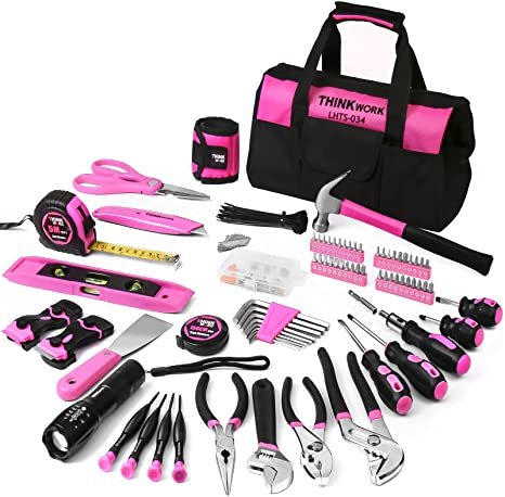 THINKWORK Pink Tool Set - 207 Piece Lady's Portable Home Repairing Tool Kit with 13'' Wide Mouth Open Storage Tool Bag