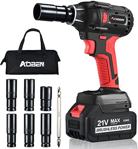 AOBEN 21V Cordless Impact Wrench Powerful Brushless Motor with 1/2" Square Driver, Max 300 Torque ft-lbs (400N.m), 4.0A Li-ion Battery