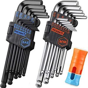 REXBETI Hex Key Allen Wrench Set, SAE Metric Long Arm Ball End Hex Key Set Tools, Industrial Grade, Bonus Free Strength Helping T-Handle, S2 Steel