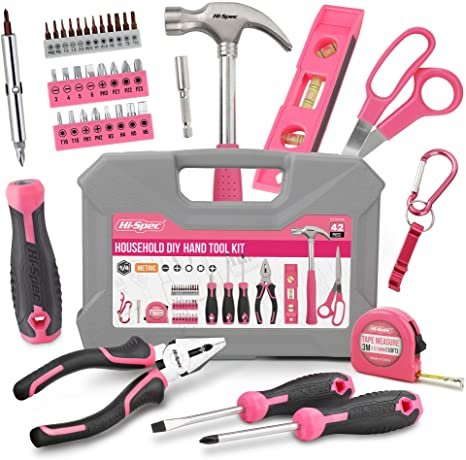 Hi-Spec Pink Household Tool Set, 42 Piece Small Essential Ladies Tool Kit For Home, Garage