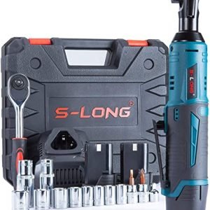 S-LONG Cordless Ratchet Wrench Set, 3/8" 400 RPM 12V Power Electric Ratchet Driver with 12 Sockets