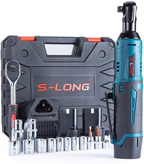 S-LONG Cordless Ratchet Wrench Set, 3/8" 400 RPM 12V Power Electric Ratchet Driver with 12 Sockets